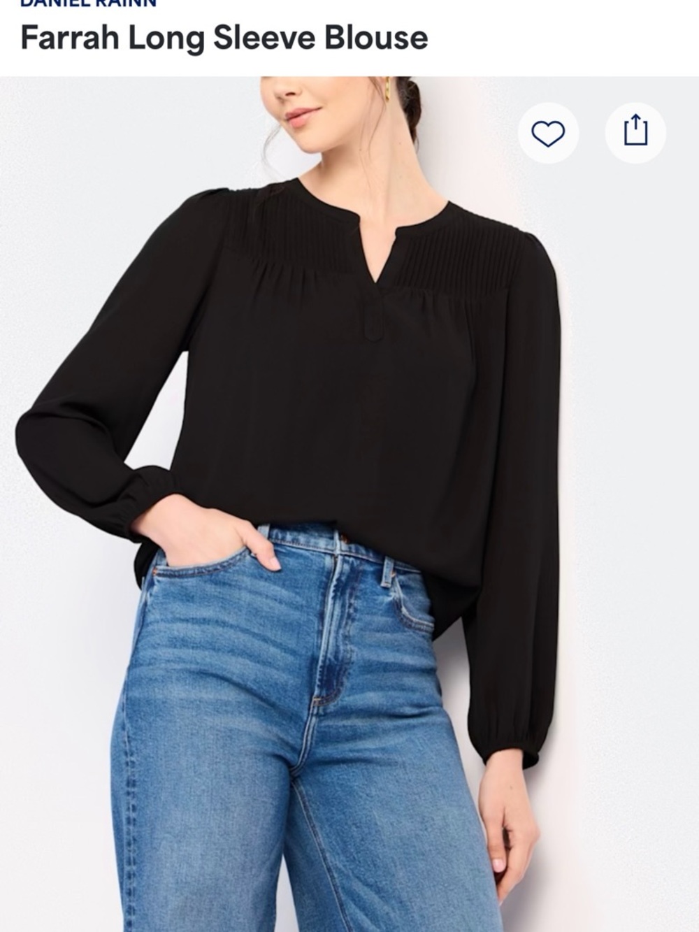 Daniel Rainn Black Pleated Yoke Long-Sleeve Tunic Blouse
